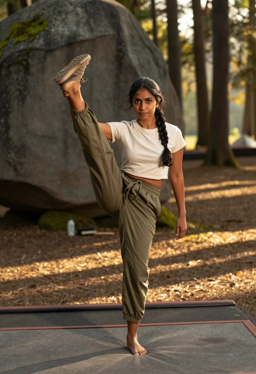 AI bouldering sample — outdoor photograph, full-length portrait of a South-Asian wo
