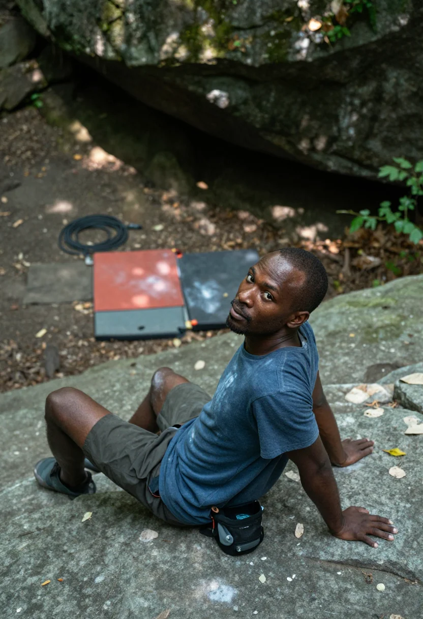 AI bouldering sample — outdoor photograph, half-length portrait from above of a Bla