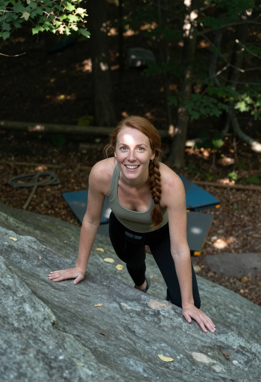AI bouldering sample — outdoor photograph, three-quarter full-length portrait from