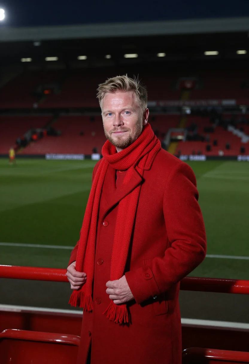 AI boxing day anfield red sample — portrait of a man, framed chest-up, cropped at the ribs, the