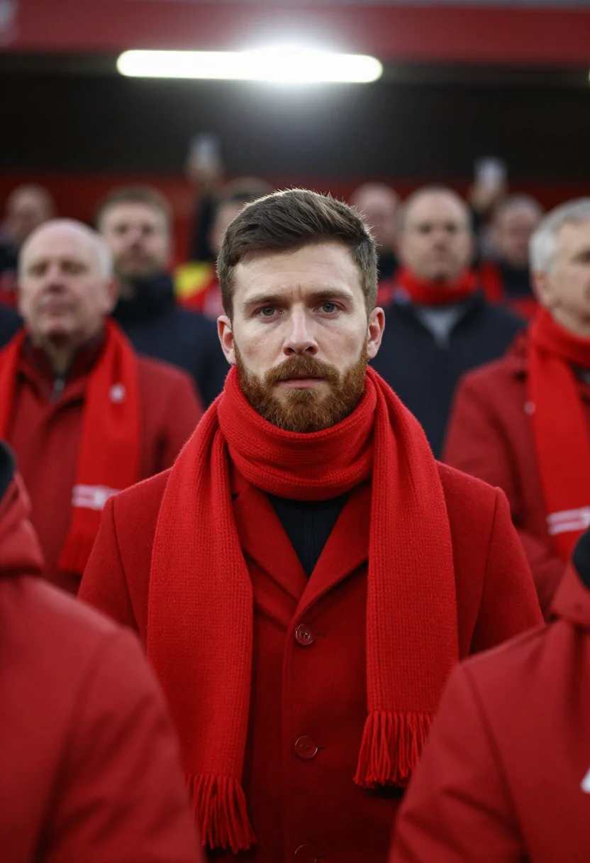 AI boxing day anfield red sample — portrait of a man, framed tight, head and shoulders, the bod