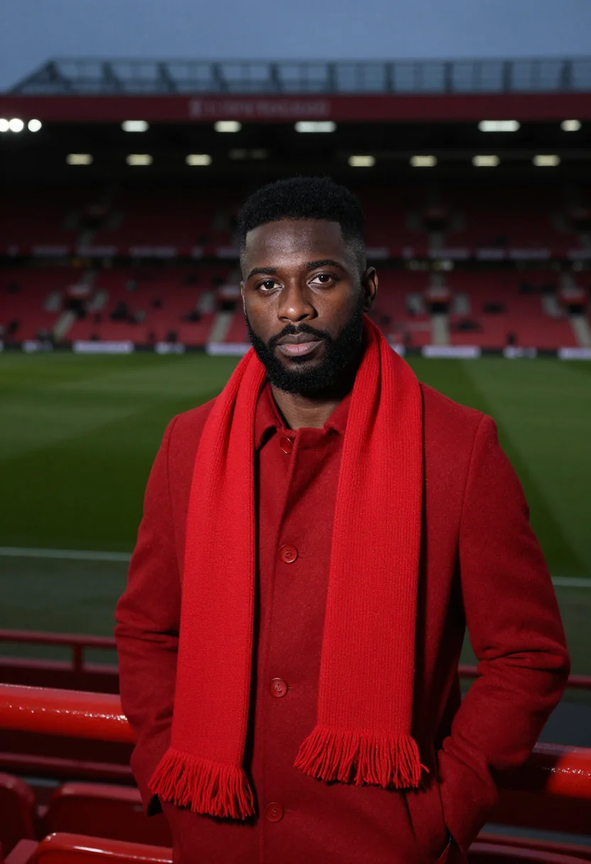AI boxing day anfield red sample — portrait of a man, framed tight, head and shoulders, the bod
