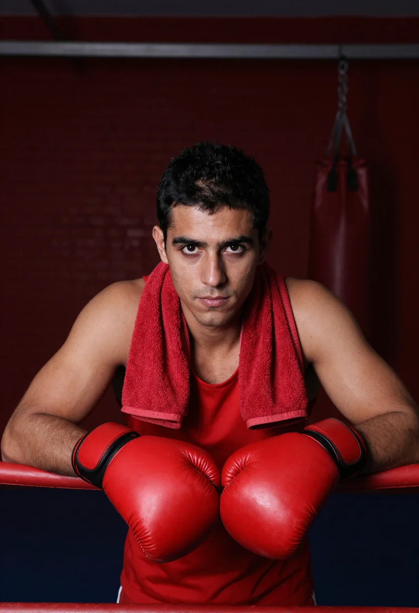 AI boxing gym red leather sample — portrait of a man, framed tight, head and shoulders, the bod