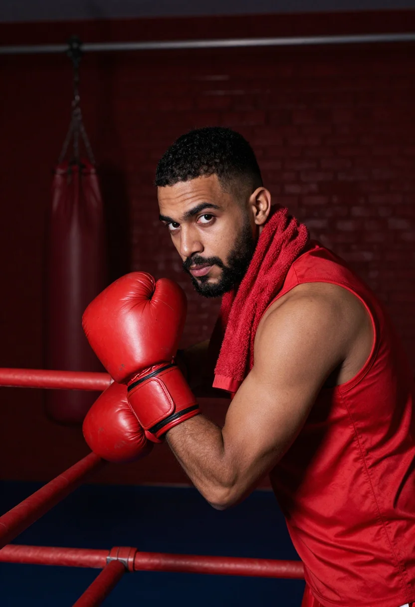 AI boxing gym red leather sample — portrait of a man, framed chest-up, the camera at eye level,