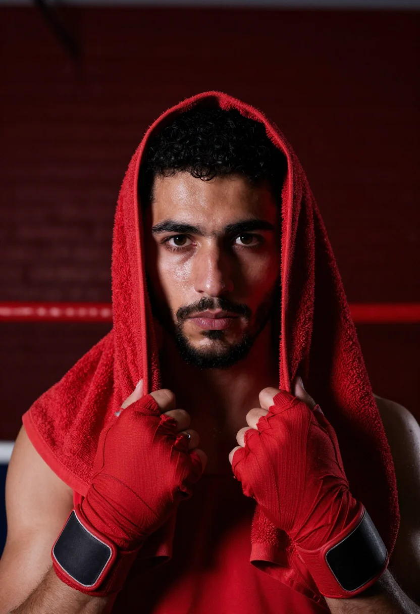 AI boxing gym red leather sample — portrait of a man, framed tight, head and shoulders, the bod