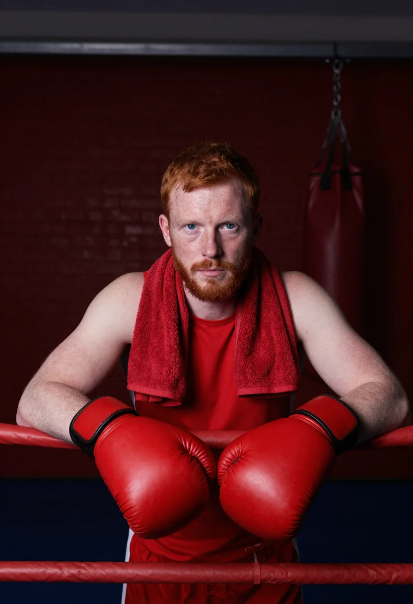 AI boxing gym red leather sample — portrait of a man, framed chest-up, the camera at eye level,
