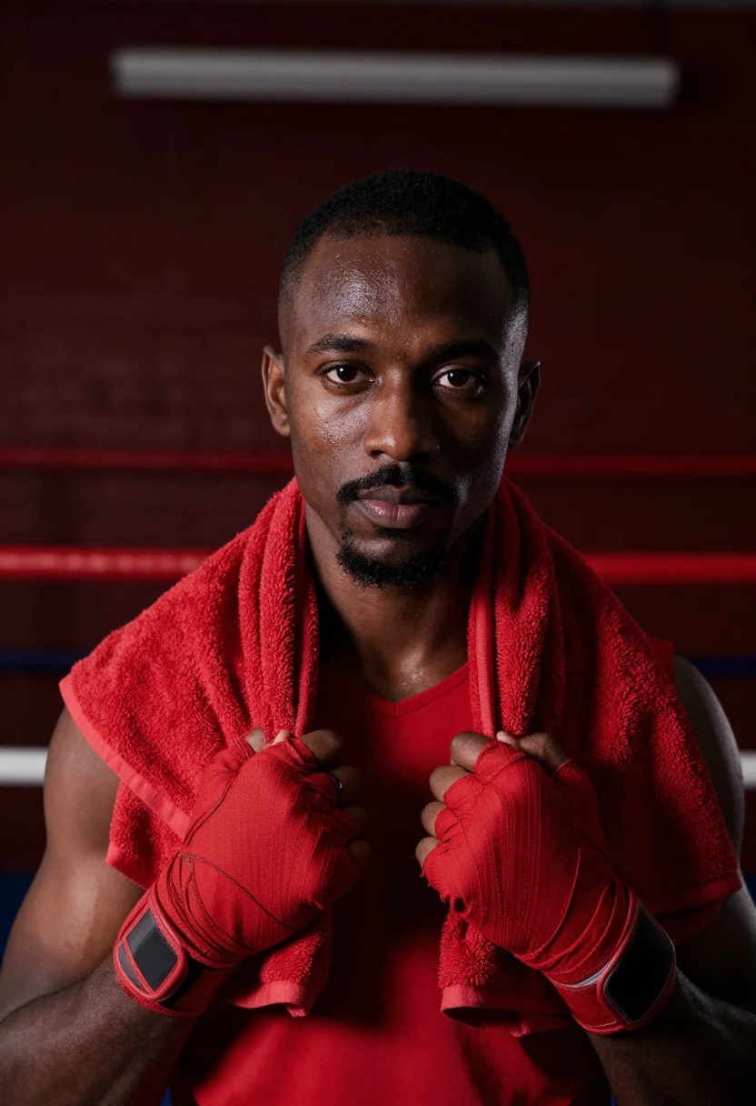 AI boxing gym red leather sample — portrait of a man, framed chest-up, the camera at eye level,