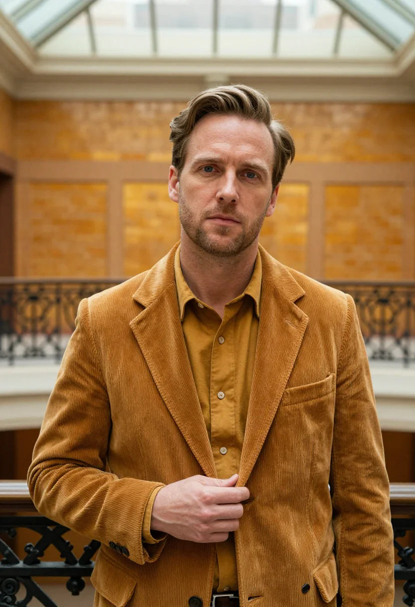 AI bradbury building founder ochre sample — portrait of a man, framed chest-up, cropped at the ribs, the