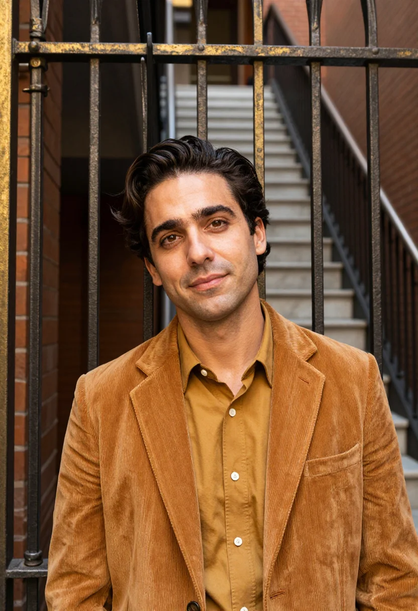 AI bradbury building founder ochre sample — portrait of a man, framed tight, head and shoulders, the bod