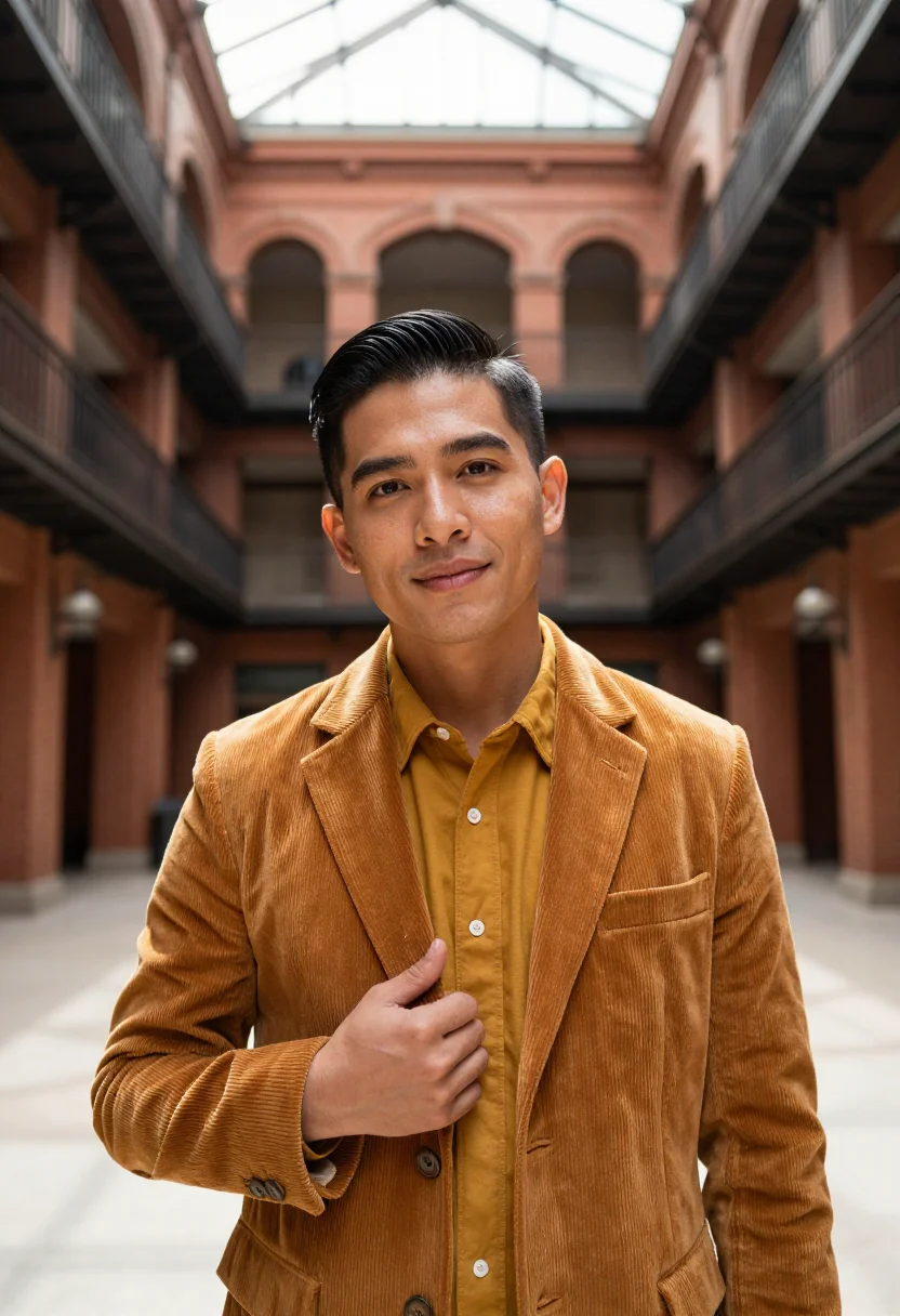 AI bradbury building founder ochre sample — portrait of a man, framed chest-up, cropped at the ribs, the