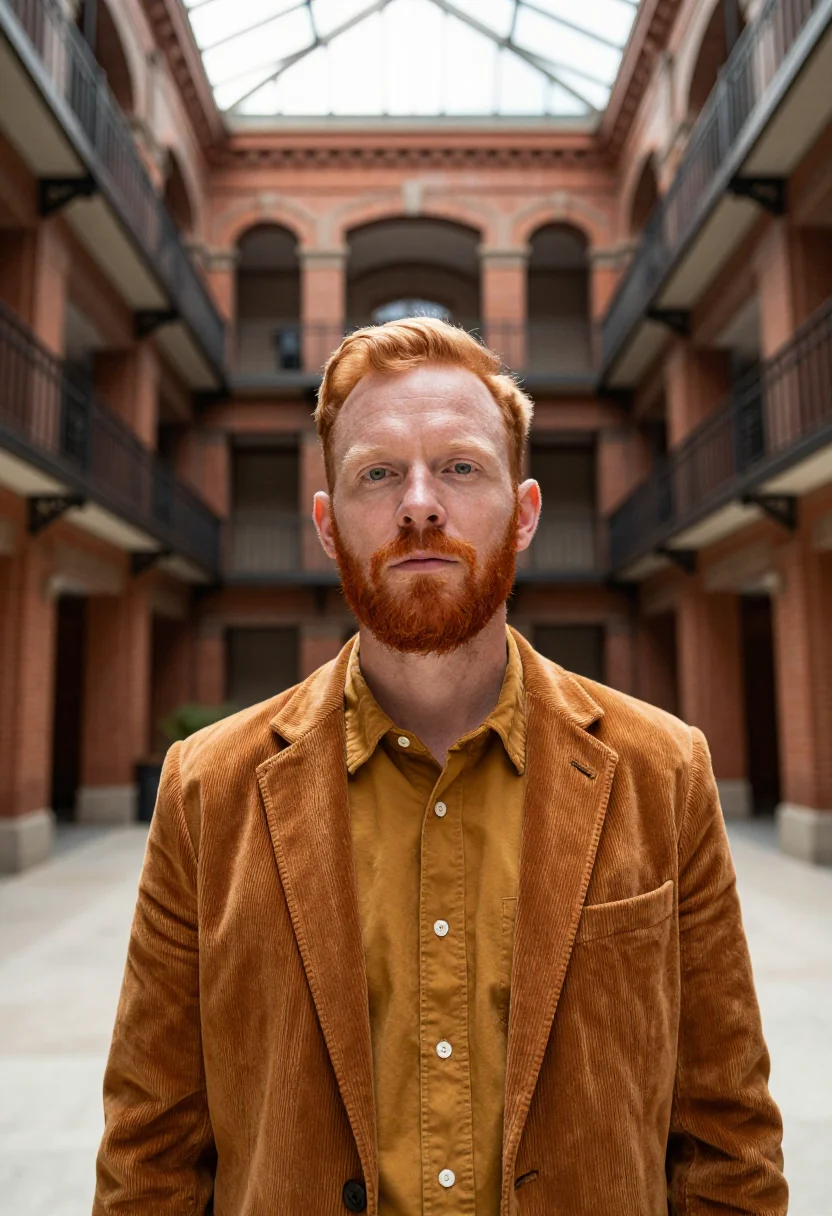 AI bradbury building founder ochre sample — portrait of a man, framed tight, head and shoulders, the bod