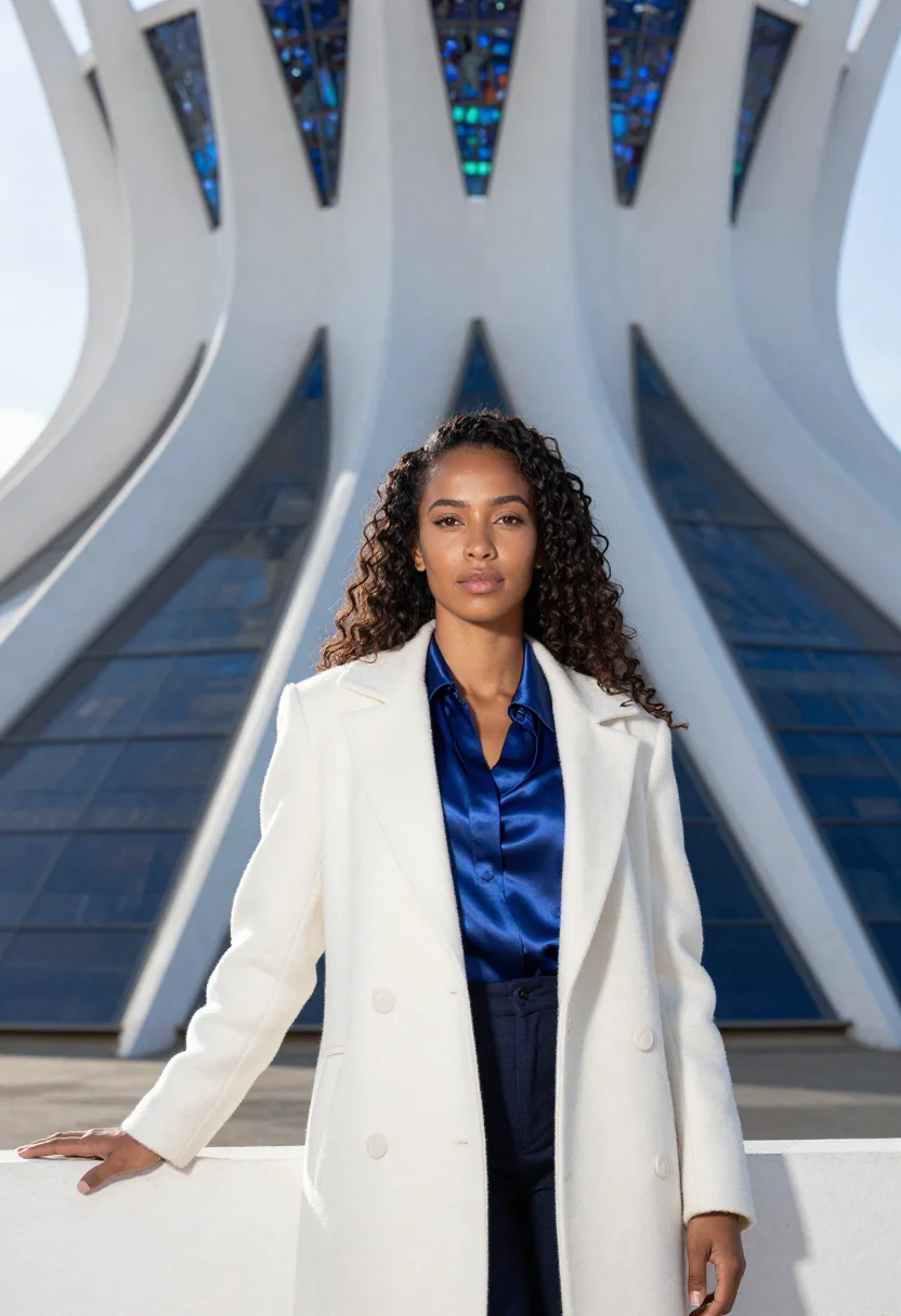 AI brasilia cathedral engineer concrete crown blue glass sample — portrait of a woman, a mixed-race Brazilian structural engin