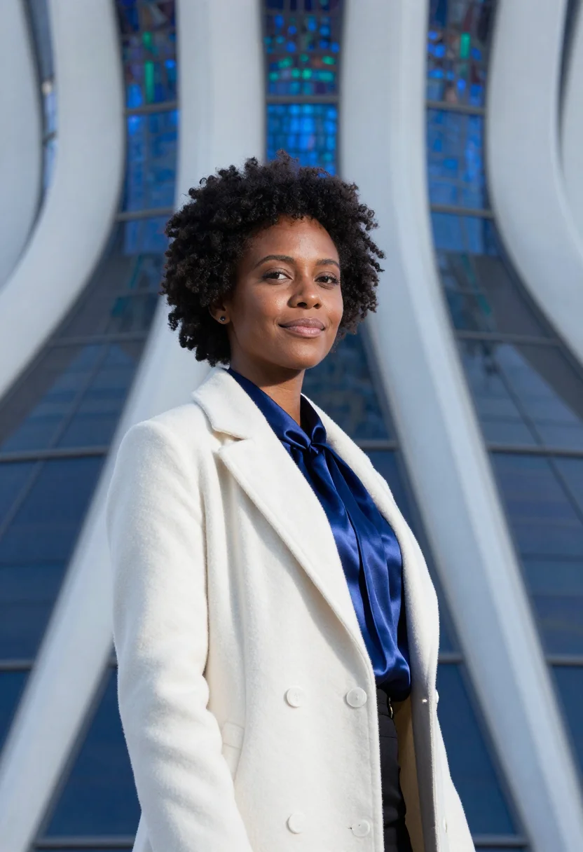 AI brasilia cathedral engineer concrete crown blue glass sample — portrait of a woman, an Afro-Brazilian structural engineer i