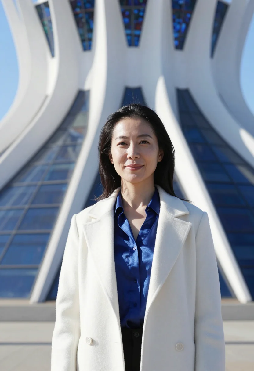AI brasilia cathedral engineer concrete crown blue glass sample — portrait of a woman, a Japanese-Brazilian structural enginee