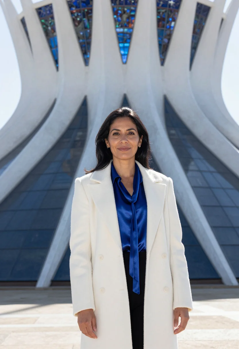 AI brasilia cathedral engineer concrete crown blue glass sample — portrait of a woman, a Spanish structural engineer in her mi