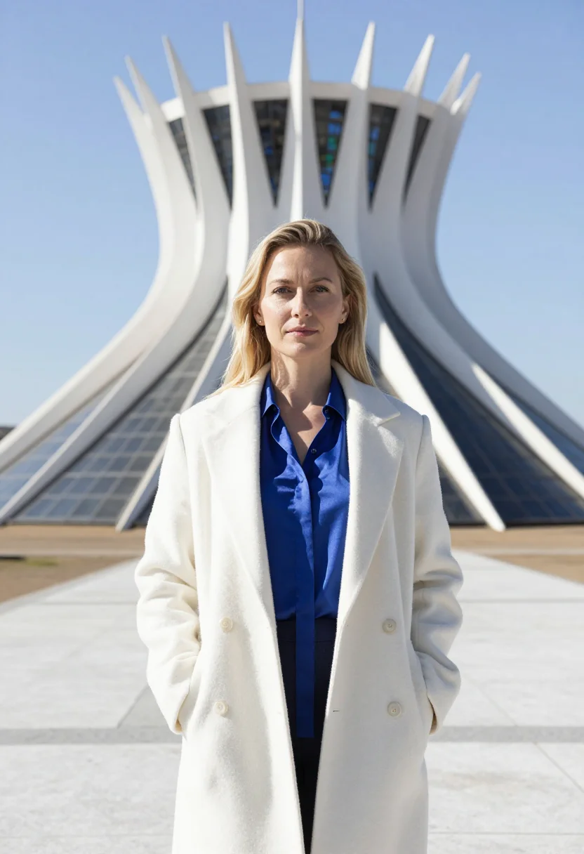 AI brasilia cathedral engineer concrete crown blue glass sample — portrait of a woman, a Dutch structural engineer in her late