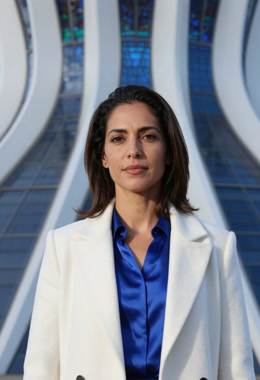 AI brasilia cathedral engineer concrete crown blue glass sample — portrait of a woman, a Portuguese-Brazilian structural engin