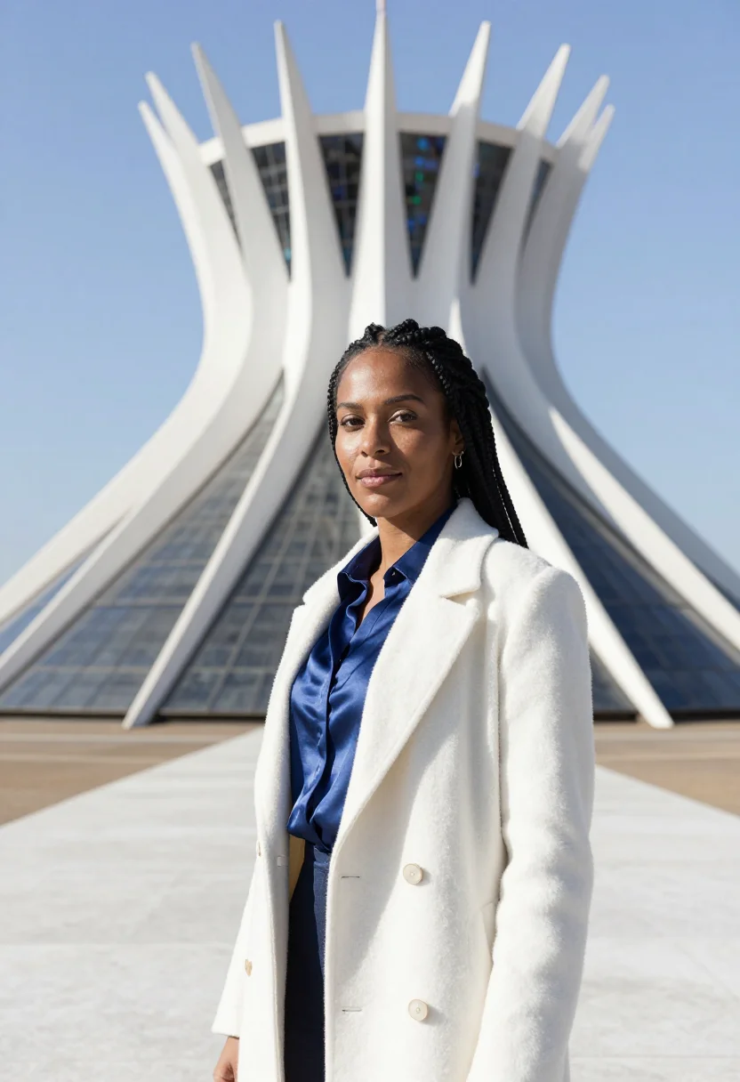AI brasilia cathedral engineer concrete crown blue glass sample — portrait of a woman, an Afro-Brazilian structural engineer i