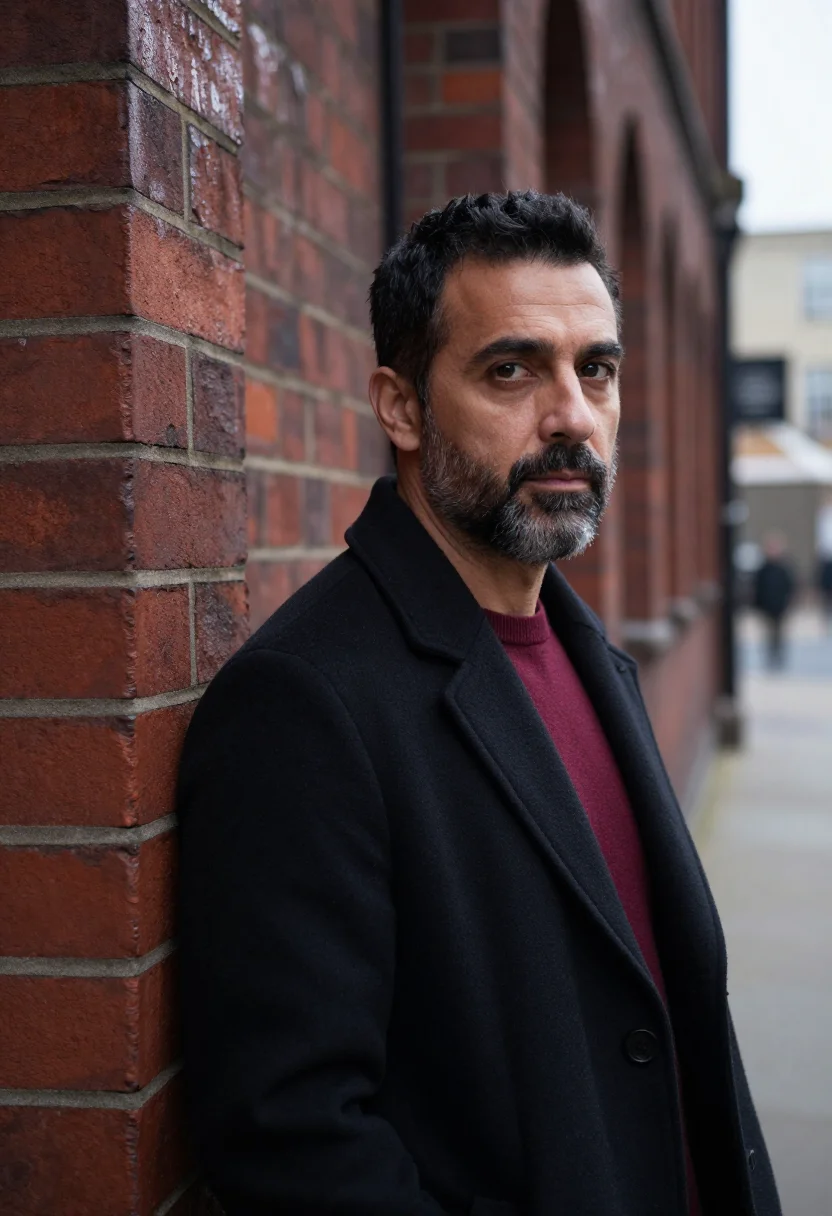 AI brick lane headshot oxblood sample — portrait of a man, framed tight, head and shoulders, the bod