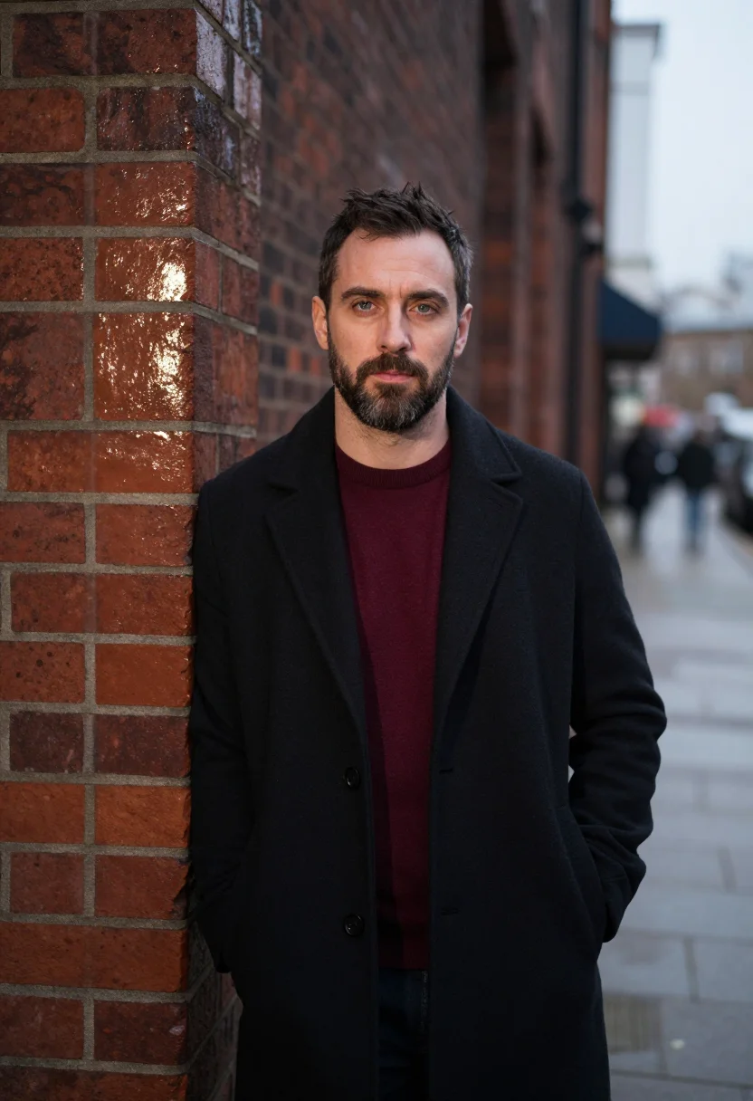 AI brick lane headshot oxblood sample — portrait of a man, framed waist-up, cropped at the hips, the
