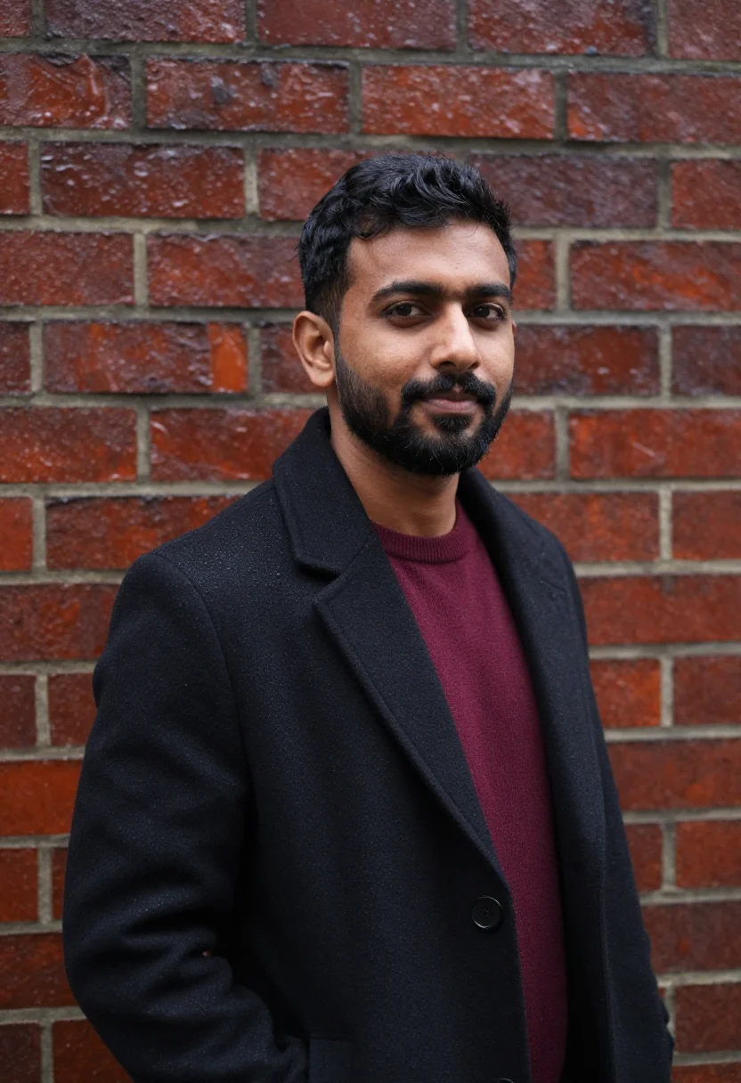 AI brick lane headshot oxblood sample — portrait of a man, framed chest-up, cropped at the ribs, the
