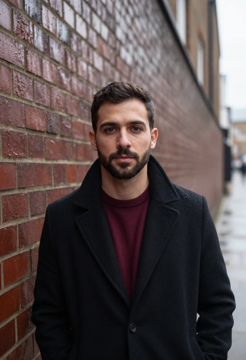 AI brick lane headshot oxblood sample — portrait of a man, framed tight, head and shoulders, the bod