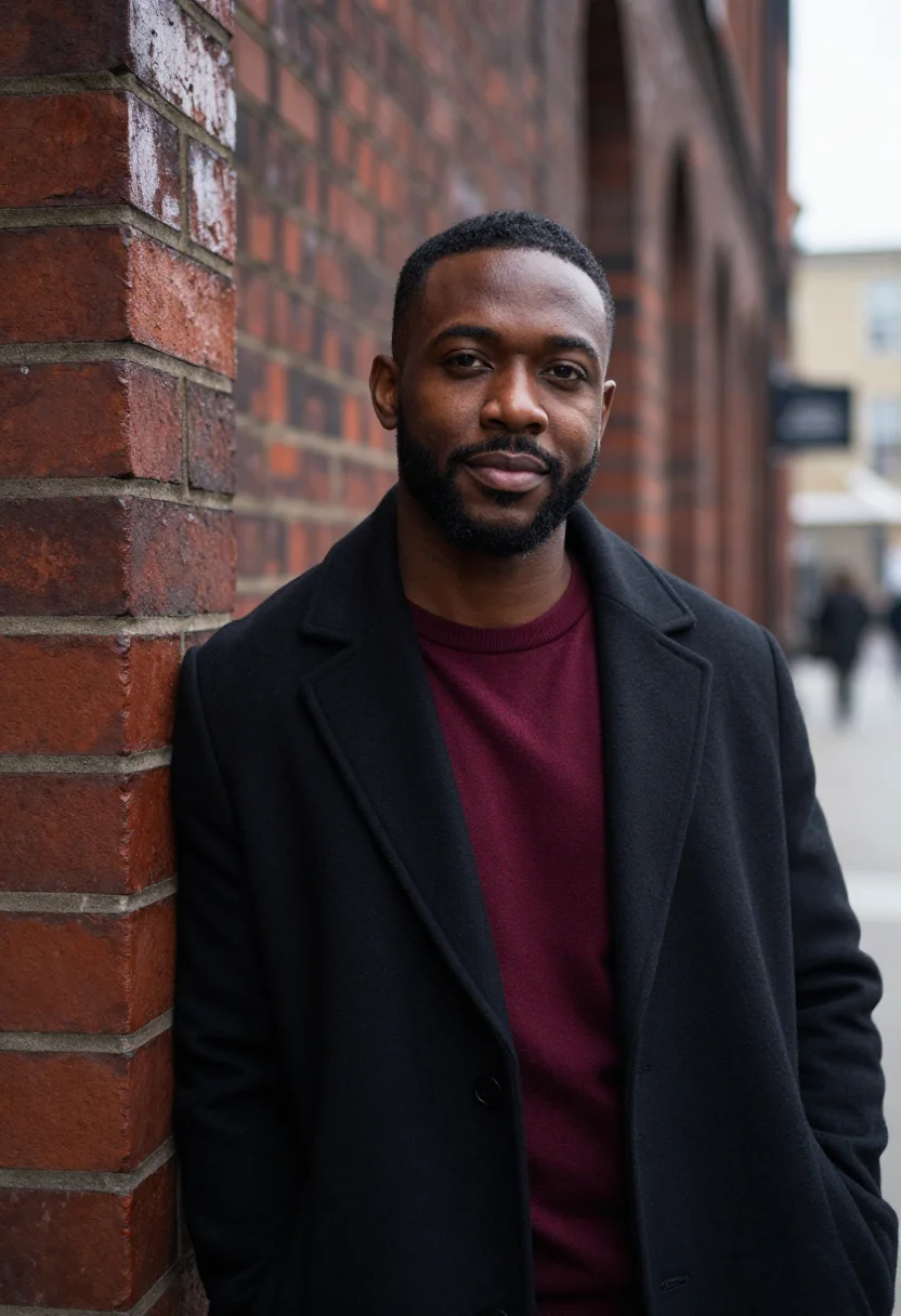 AI brick lane headshot oxblood sample — portrait of a man, framed chest-up, cropped at the ribs, the