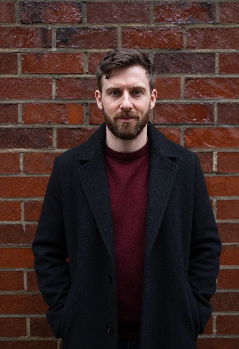 AI brick lane headshot oxblood sample — portrait of a man, framed waist-up, cropped at the hips, the