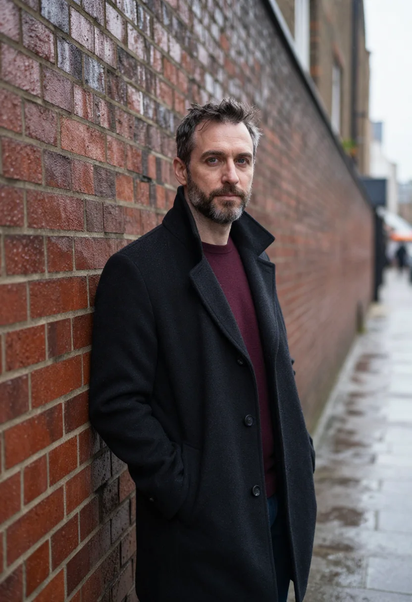 AI brick lane headshot oxblood sample — portrait of a man, framed half-length from the head to the h