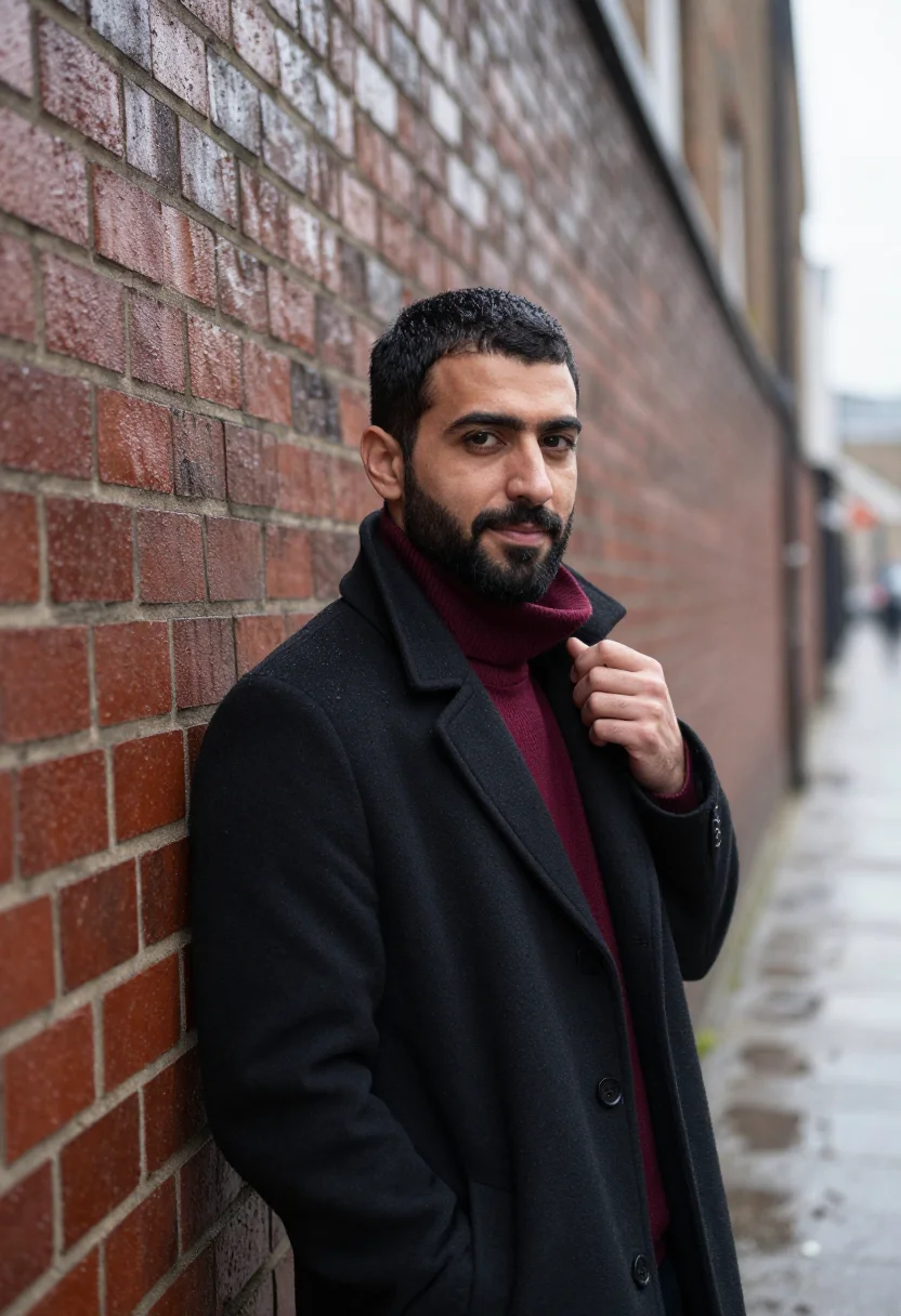 AI brick lane headshot oxblood sample — portrait of a man, framed chest-up, cropped at the ribs, the