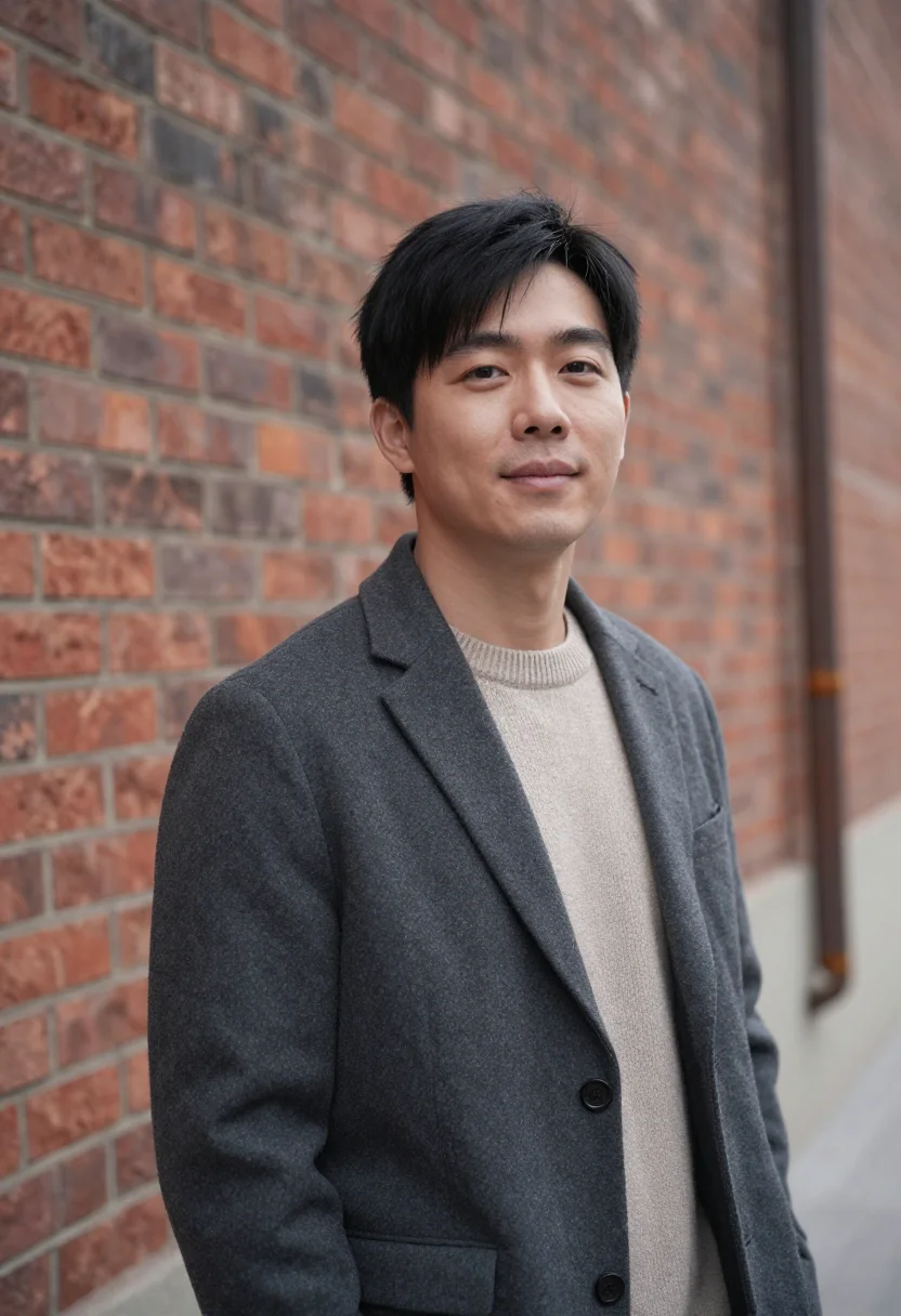 AI brick wall headshot sample — chest-up portrait of an East-Asian man in his early forties