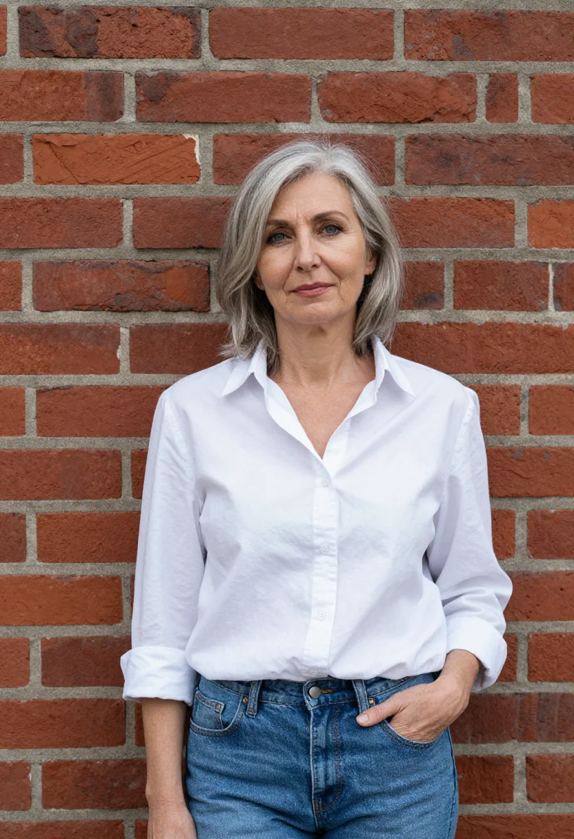 AI brick wall headshot sample — chest-up portrait of a Western-European woman in her fifties
