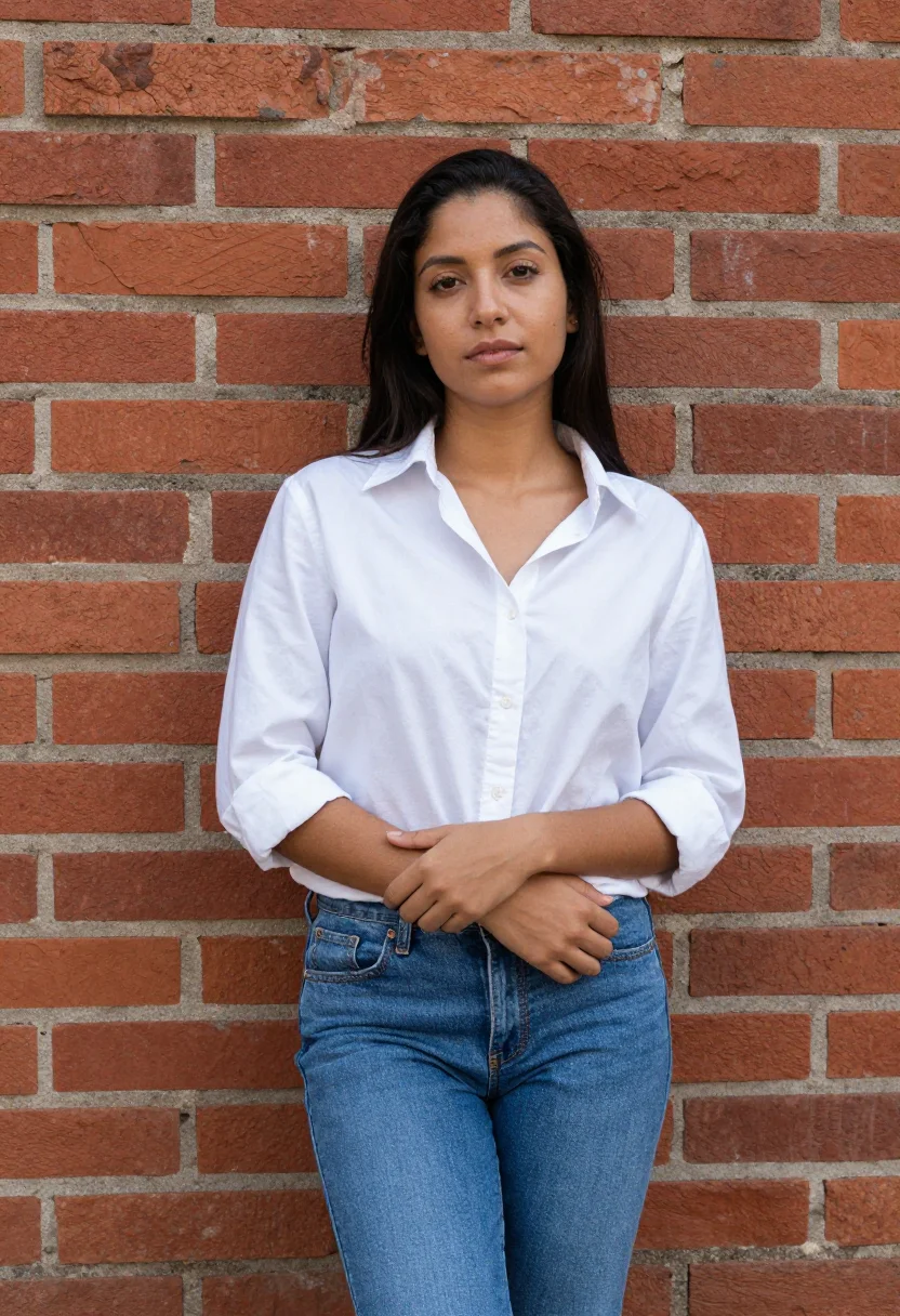 AI brick wall headshot sample — half-length portrait of a Latin-American woman in her mid-tw