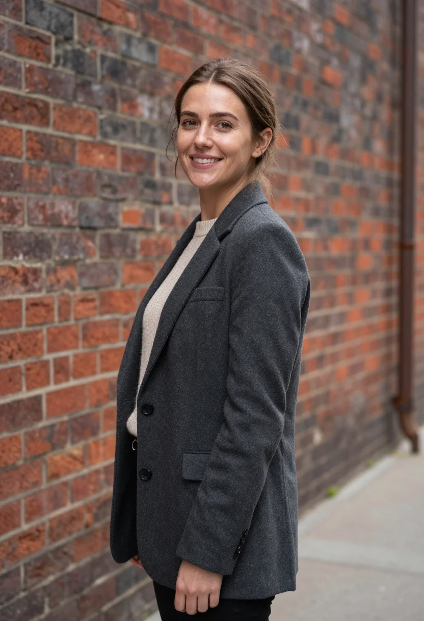 AI brick wall headshot sample — half-length portrait of a Western-European woman in her late