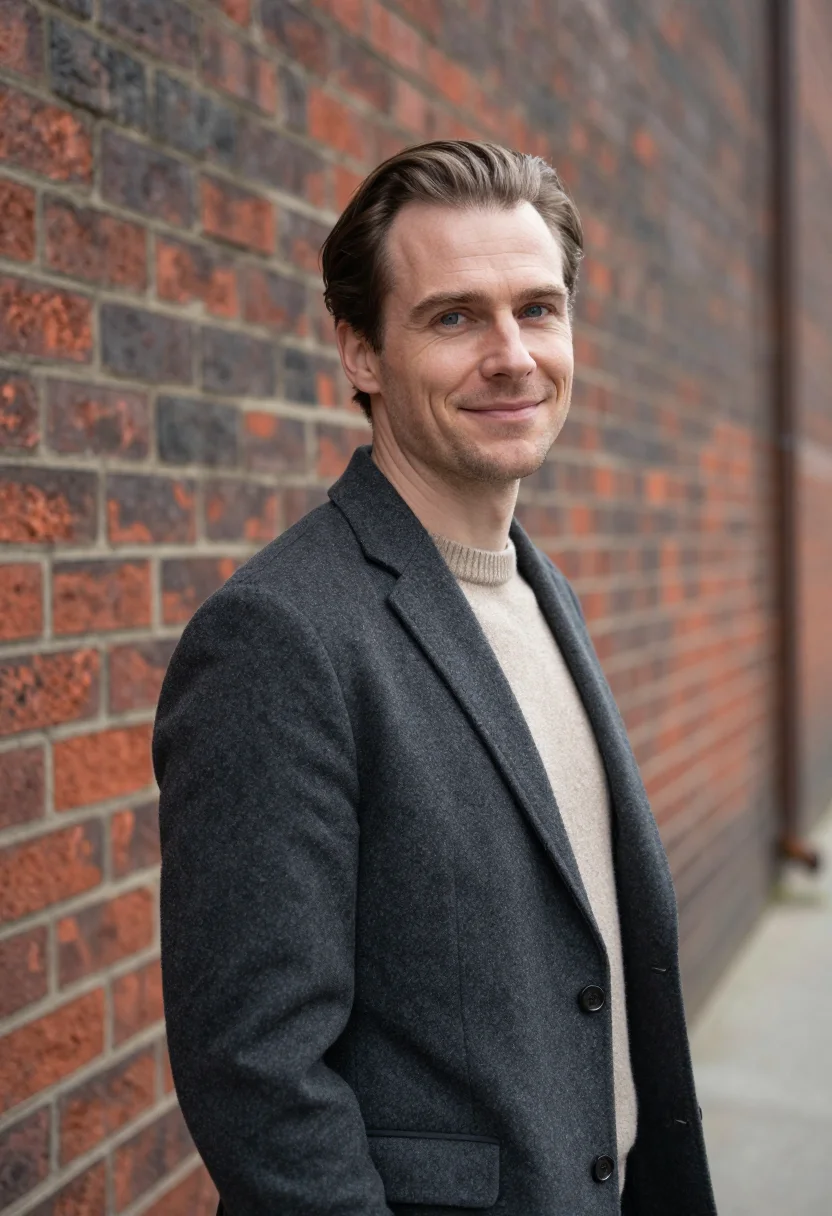 AI brick wall headshot sample — chest-up portrait of a Western-European man in his mid-thirt
