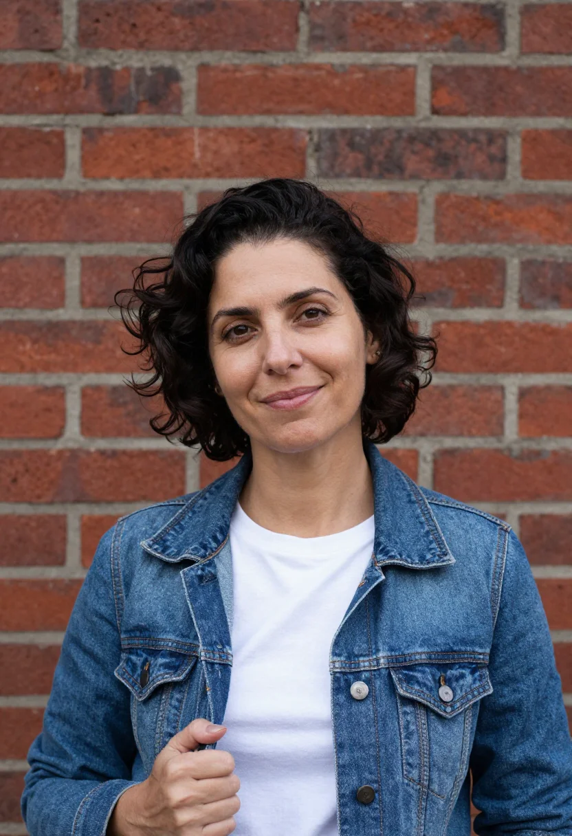 AI brick wall headshot sample — head-and-shoulders portrait of a Western-European woman in h