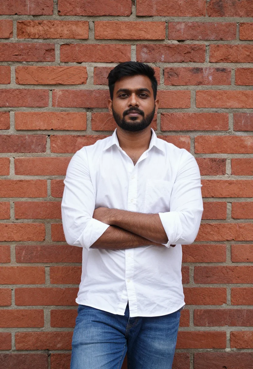 AI brick wall headshot sample — half-length portrait of a South-Asian man in his thirties wi