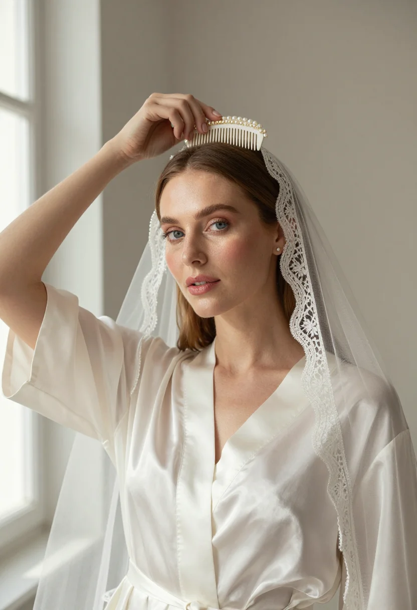 AI bridal morning sample — portrait of a woman, close three-quarter portrait of a Weste