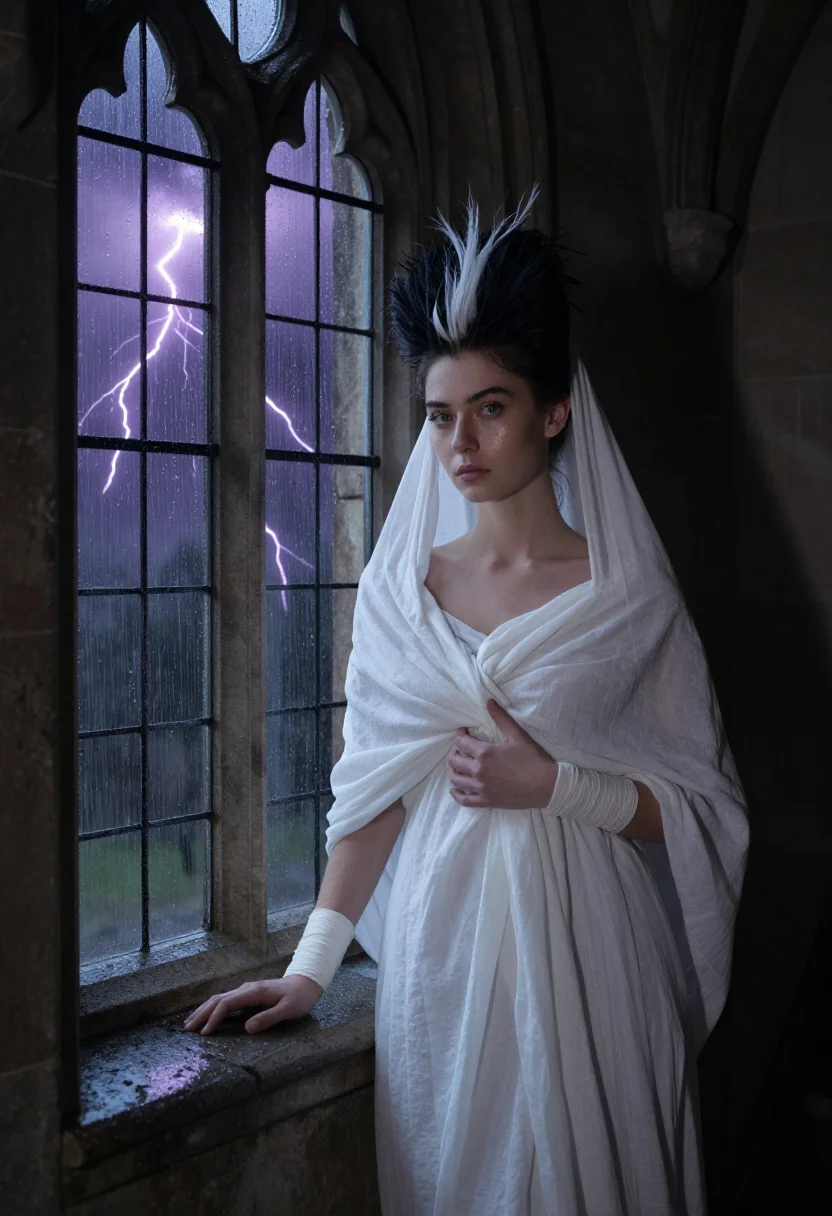 AI bride of frankenstein sample — portrait of a woman, half-length portrait of a Western-Europ