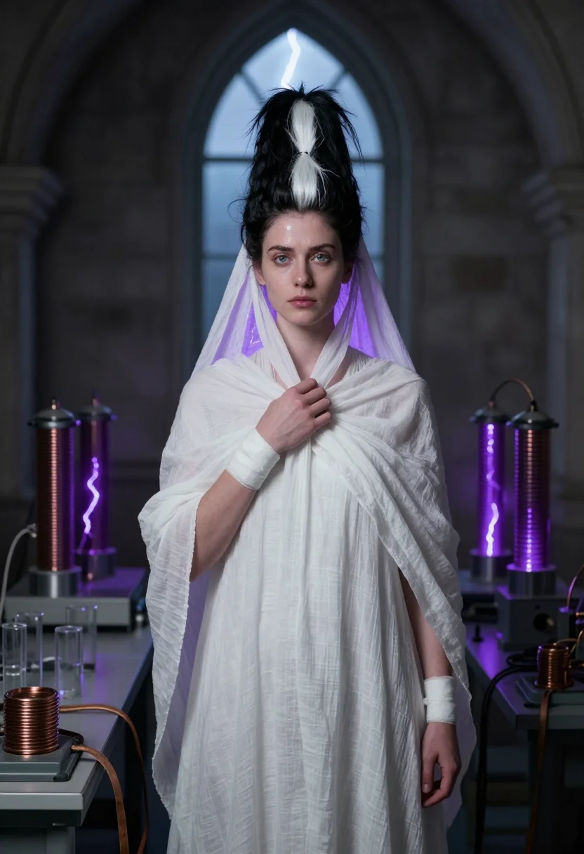 AI bride of frankenstein sample — portrait of a woman, close half-length portrait of a Western