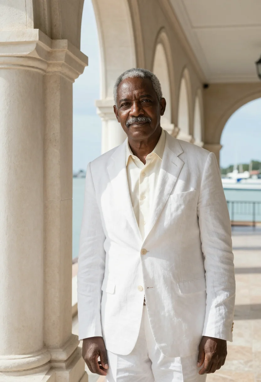 AI bridgetown barrister coral limestone white sample — portrait of a man, a Barbadian barrister in his late fifties