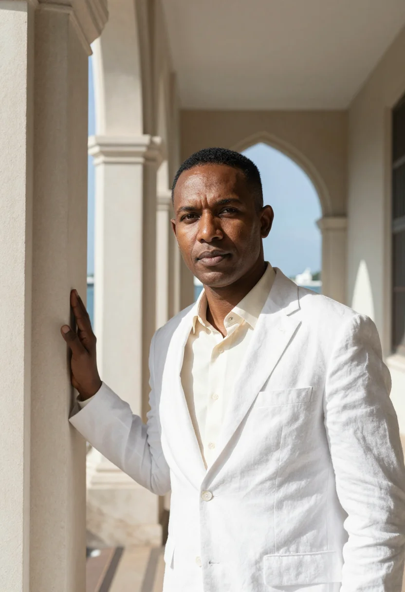 AI bridgetown barrister coral limestone white sample — portrait of a man, an Indo-Caribbean barrister in his mid-fo