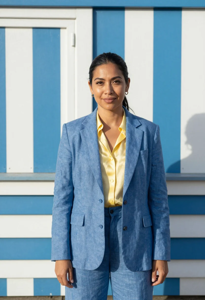 AI brighton bathing boxes marketing director palette sample — portrait of a woman, framed chest-up from the head to mid-ch