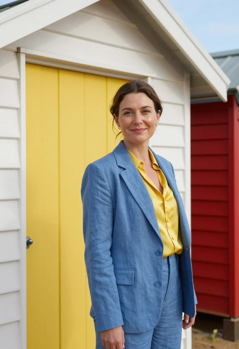 AI brighton bathing boxes marketing director palette sample — portrait of a woman, framed tight, head and shoulders, the b