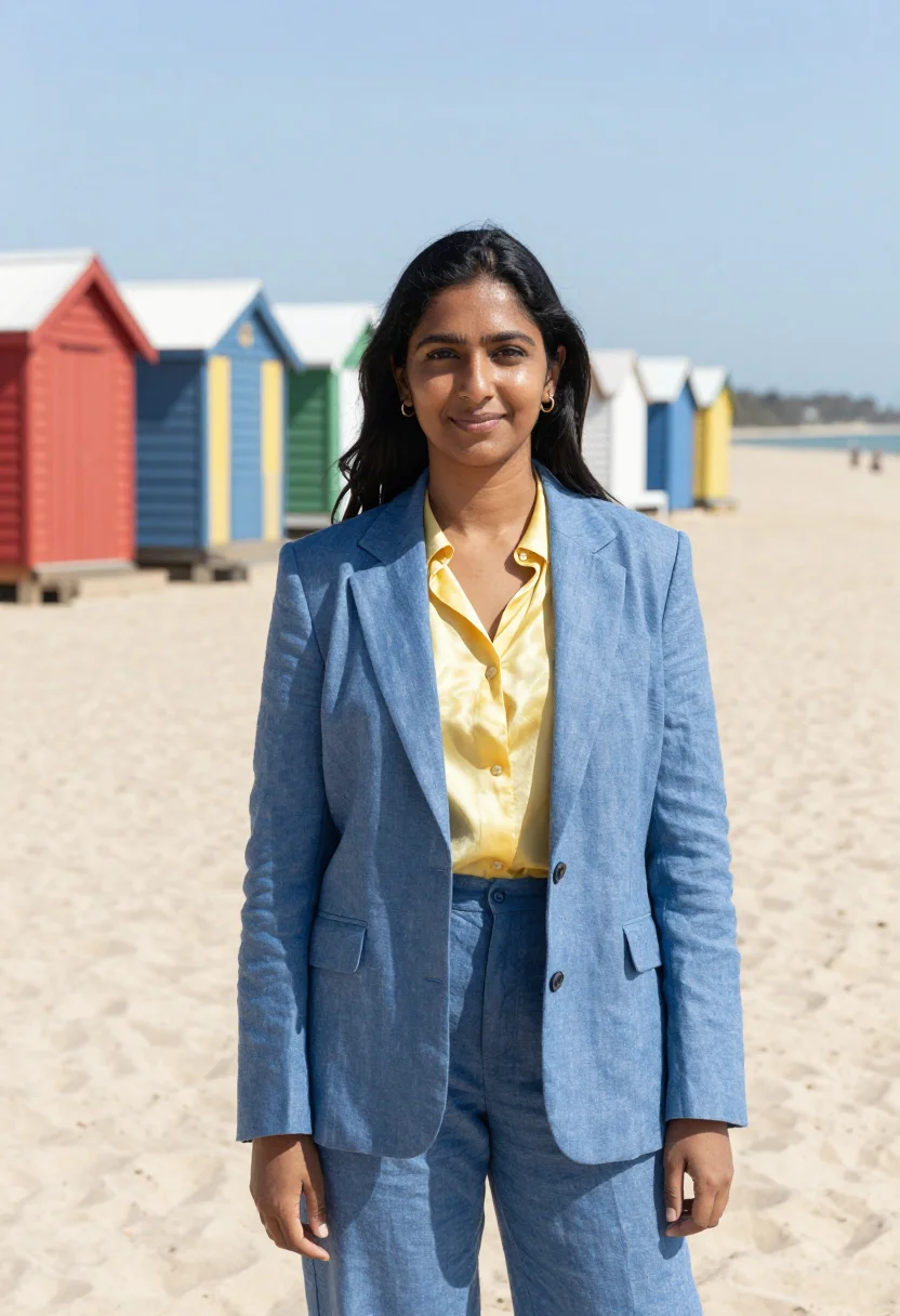 AI brighton bathing boxes marketing director palette sample — portrait of a woman, framed chest-up from the head to mid-ch