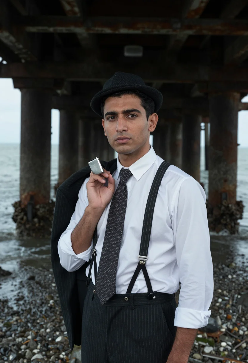 AI brighton pier gang sample — portrait of a man, half-length three-quarter portrait of a o