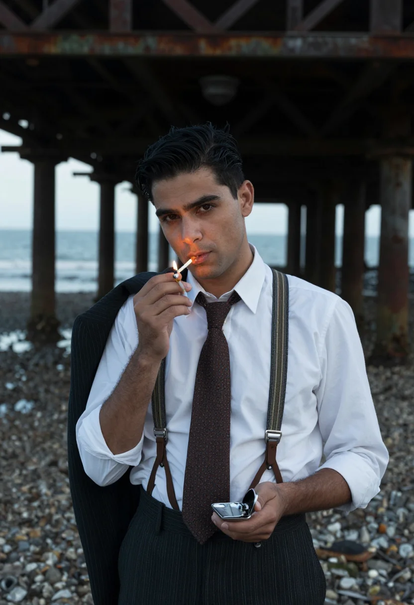 AI brighton pier gang sample — portrait of a man, half-length three-quarter portrait of a o