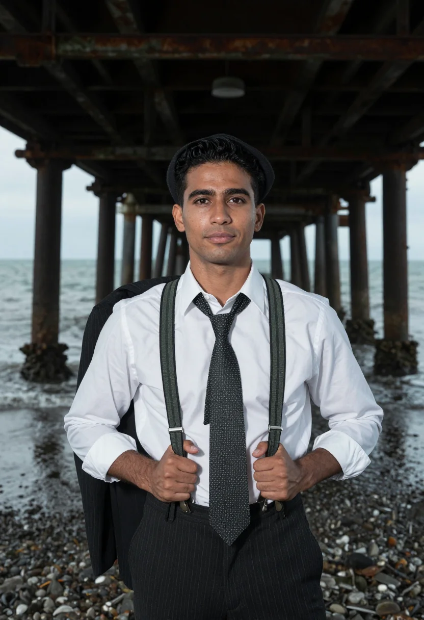 AI brighton pier gang sample — portrait of a man, half-length portrait of a olive-skinned E