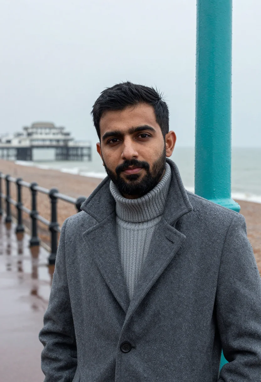 AI brighton seafront shelter january turquoise sample — portrait of a man, framed tight, head and shoulders, the bod