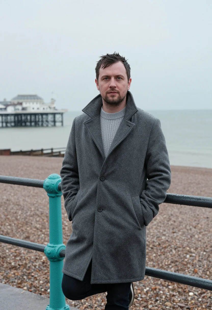 AI brighton seafront shelter january turquoise sample — portrait of a man, framed three-quarter length from the head
